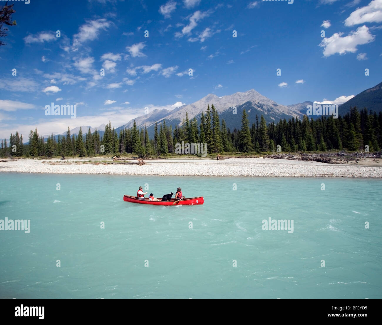Canotage sur la rivière Kootney Kootney, Parc National, British Columbia, Canada, les gens, les montagnes, les enfants, le chien Banque D'Images