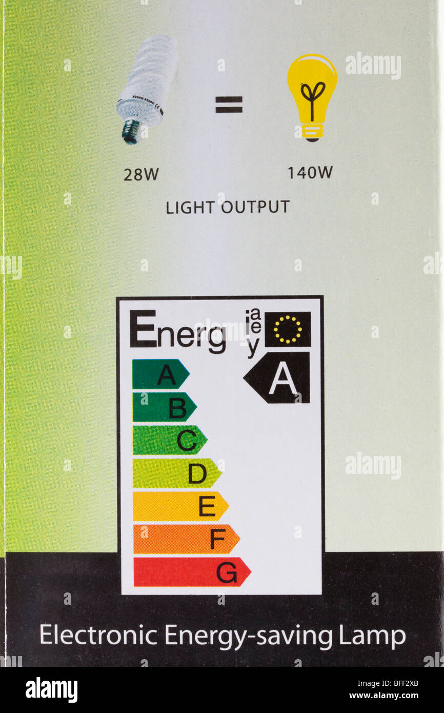L'énergie électrique de l'UE sur l'étiquette énergie faible ampoule lumière montrant un paquet-rating. Angleterre Royaume-uni Grande-Bretagne Banque D'Images
