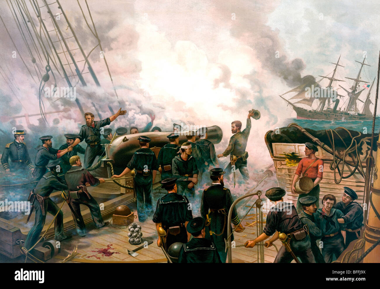 Kearsarce et Alabama, bataille navale entre USA et Confederate bateaux au large de Cherbourg, France, en 1864, à l'Alabama est coulé Banque D'Images