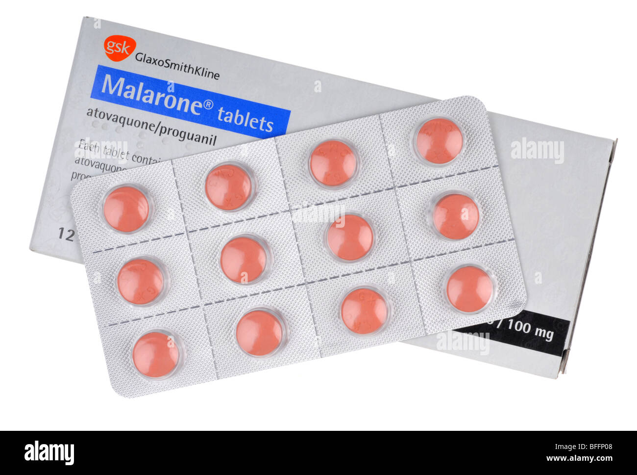 Lutte contre le paludisme malarone, comprimés, Malarone sur "Fond blanc" Banque D'Images