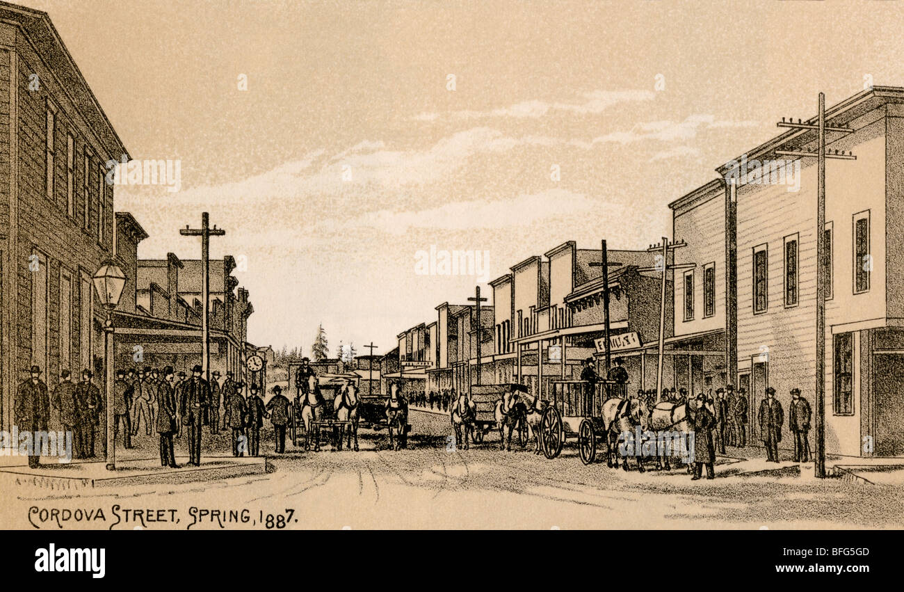 Des wagons et des boutiques sur Cordova Street à Vancouver, Colombie-Britannique, Canada, 1887. Lithographie Banque D'Images