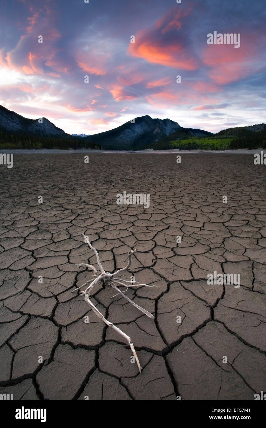 coucher de soleil sur un lac asseche au lit du lac barriere a kananaskis alberta canada photo stock alamy