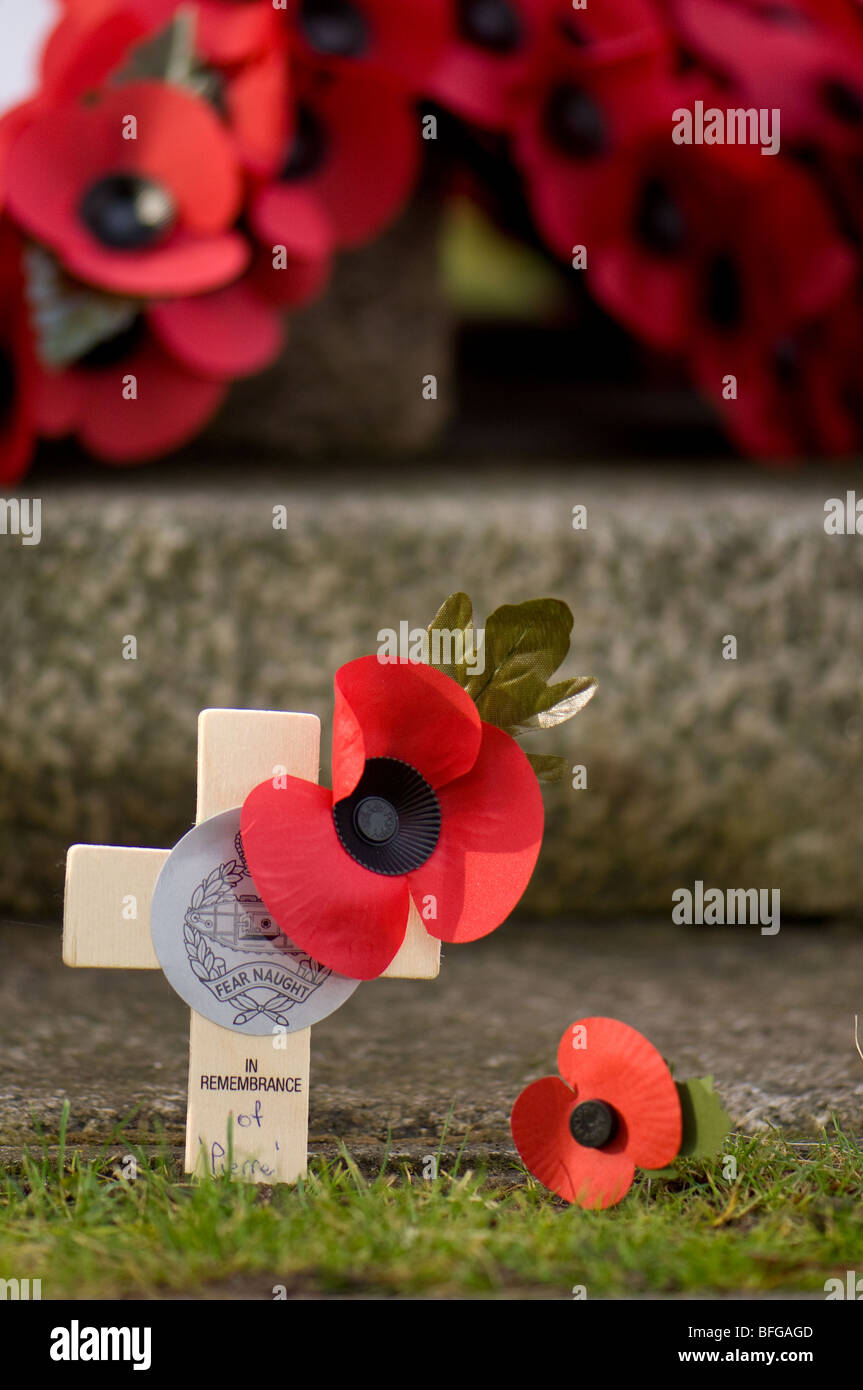 Poppies posés à un monument commémoratif de guerre Banque D'Images