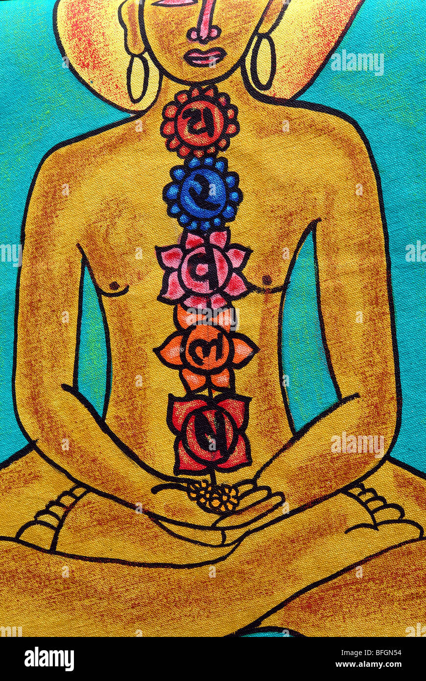 Peinture sur tissu représentant Bouddha Gautam Seigneur dans la méditation. Banque D'Images