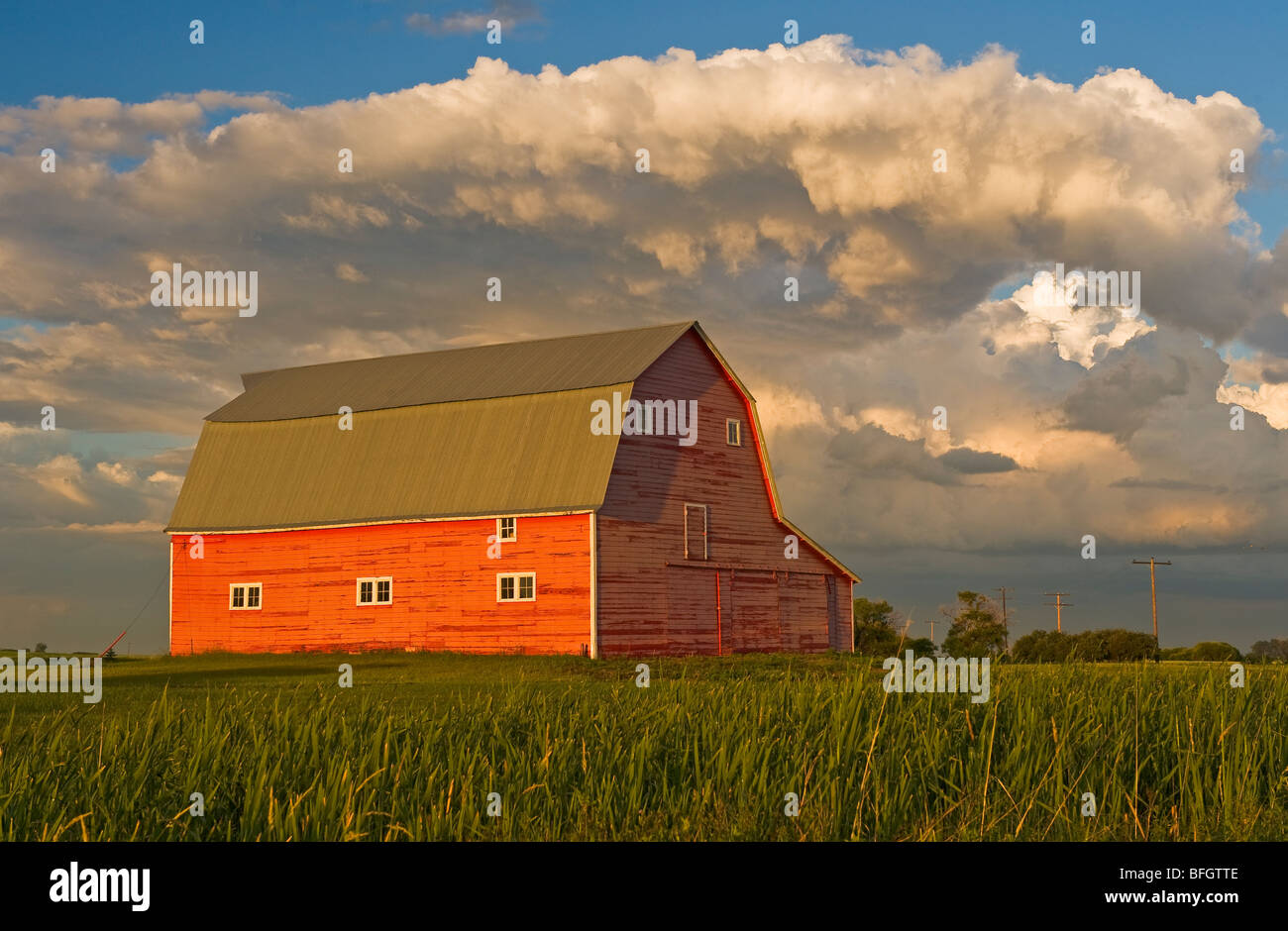 Grange et cumulonimbus près de masse Bromhead, Saskatchewan, Canada Banque D'Images
