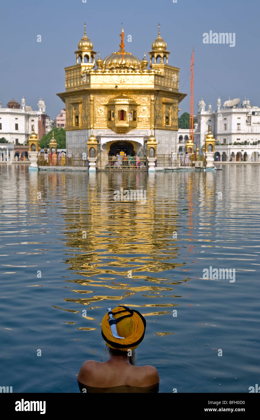 Pèlerin Sikh se baigner dans le Bassin sacré (l'Amrit Sarovar). Le Temple d'or. Amritsar. Punjab. L'Inde Banque D'Images