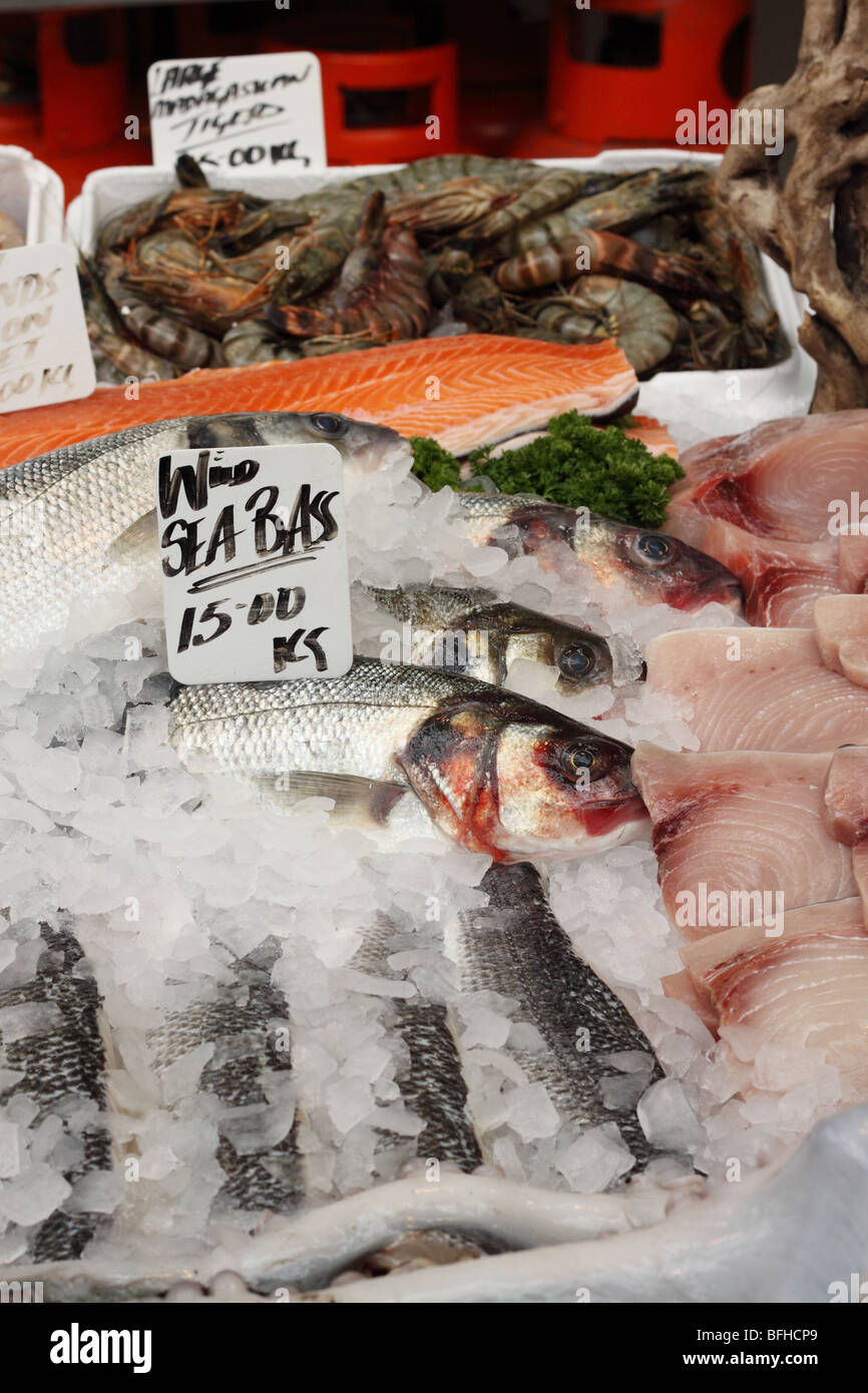 Bar sauvage poisson frais pour la vente à marchands de caler au Borough Market Londres Banque D'Images