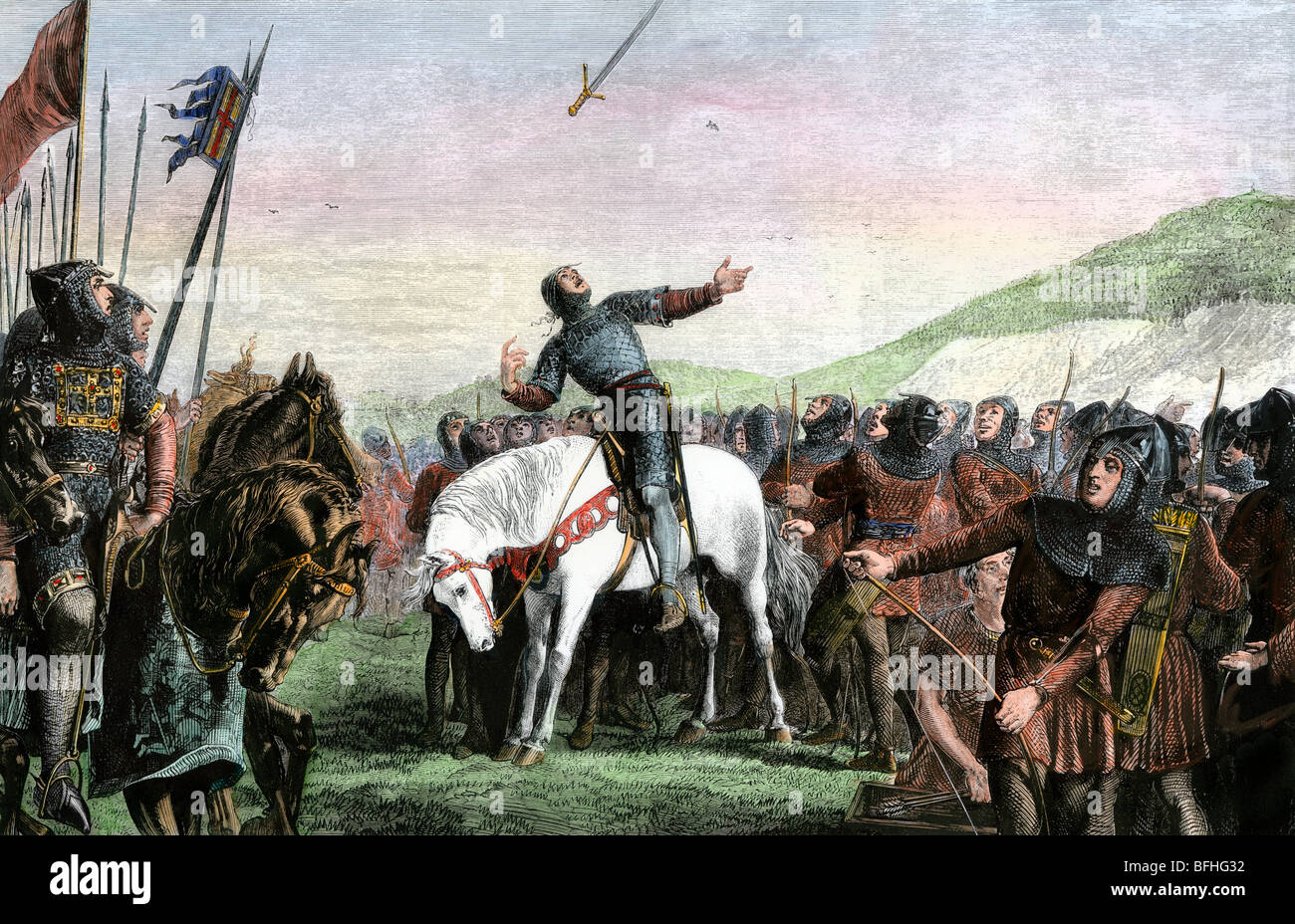 Taillefer susciter l'armée française en chantant la chanson de Roland à la bataille de Hastings, 1066. À la main, gravure sur bois Banque D'Images