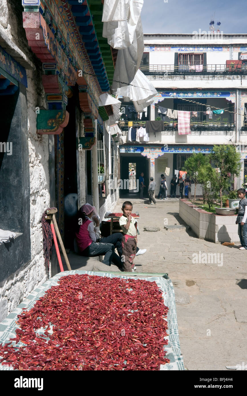 Vieille ville de Lhassa au Tibet la vie de rue et à la famille de séchage poivrons Banque D'Images