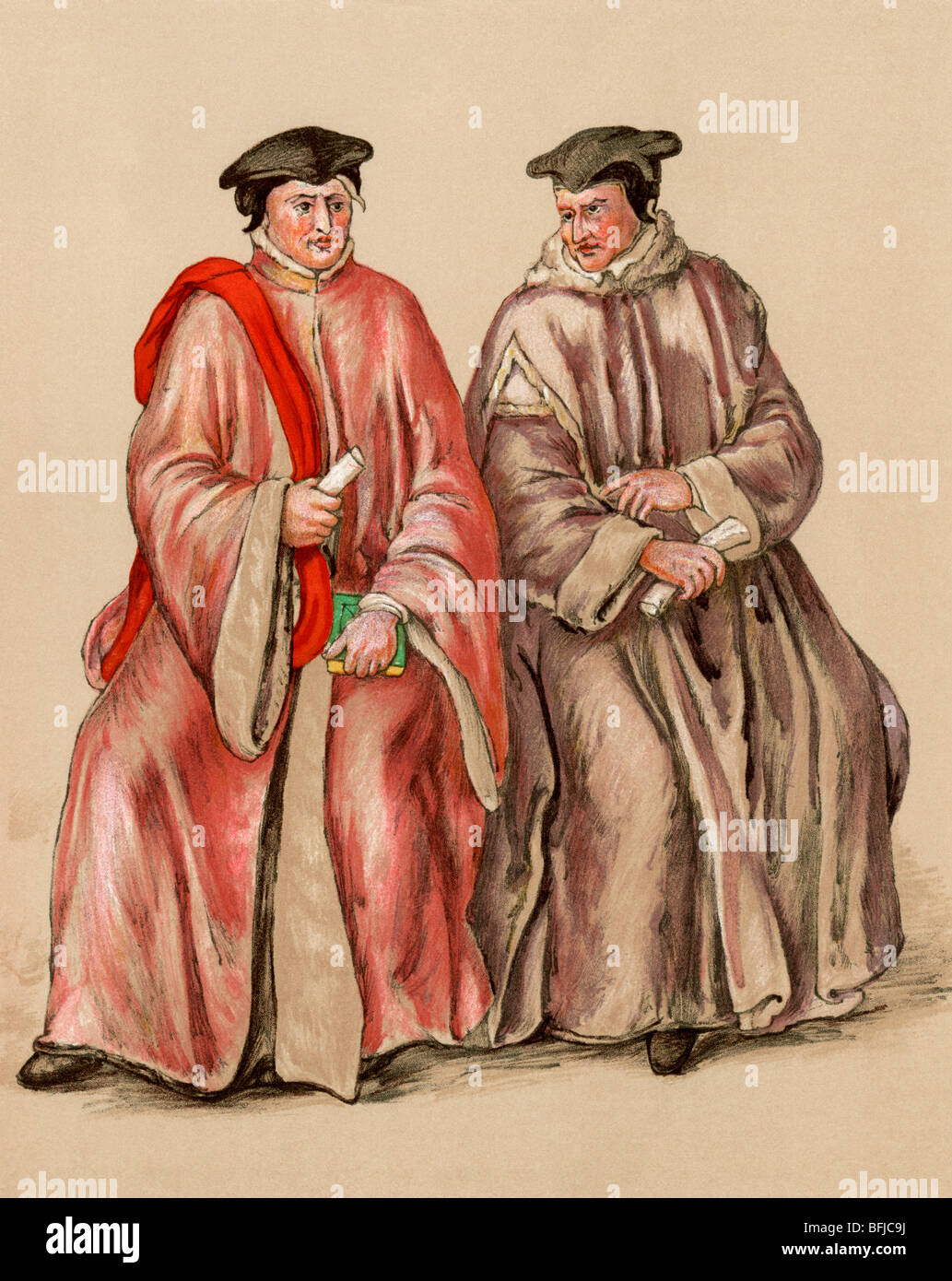 Les juges anglais dans leurs robes pendant le règne d'Elizabeth, années 1500. Lithographie couleur Banque D'Images