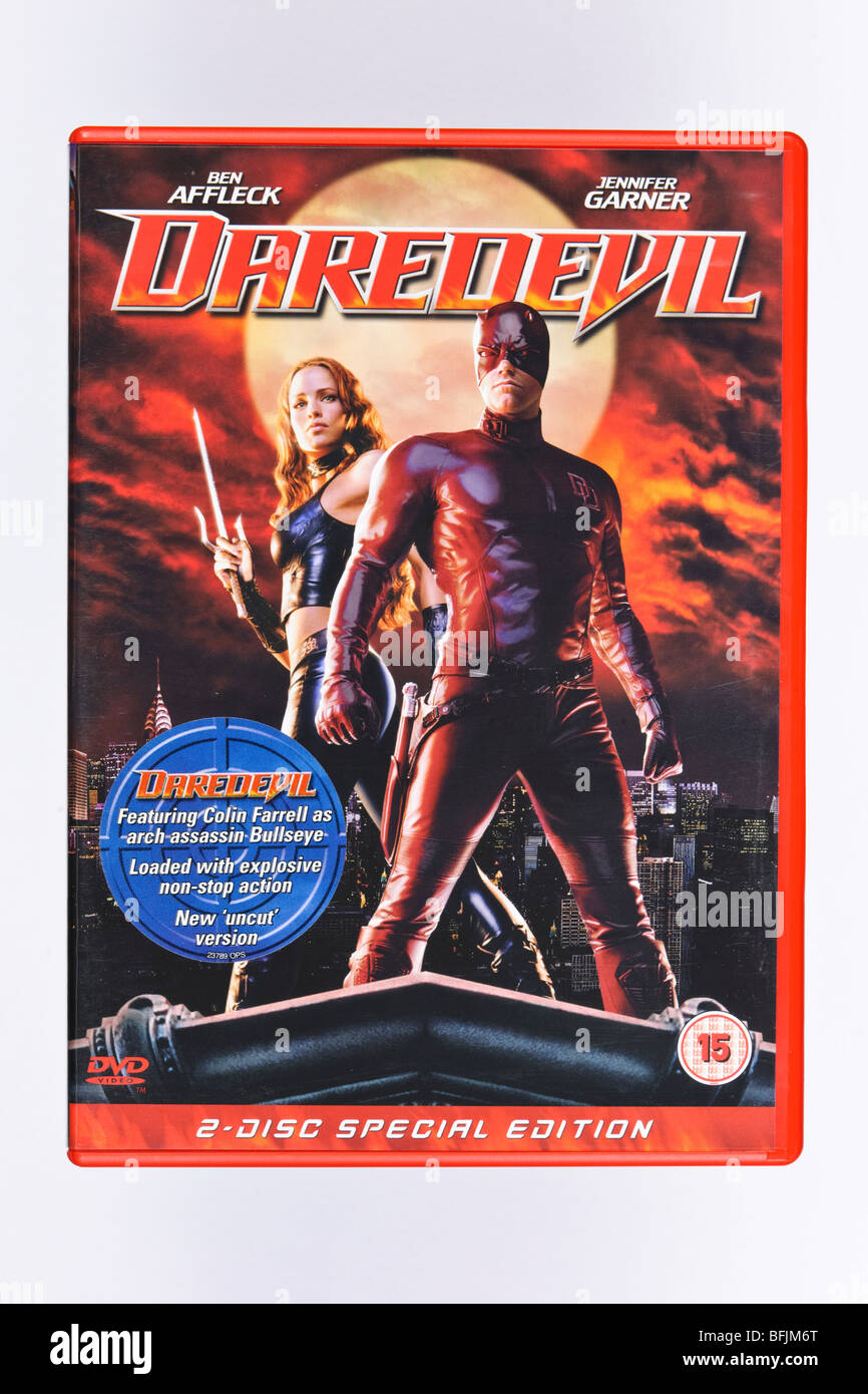 FILM DE DAREDEVIL SUR DVD AVEC BEN AFFLECK SUR UN SUPER-HÉROS AVEUGLE AVEC UNE AUDITION ET UNE FORCE AMÉLIORÉES Banque D'Images