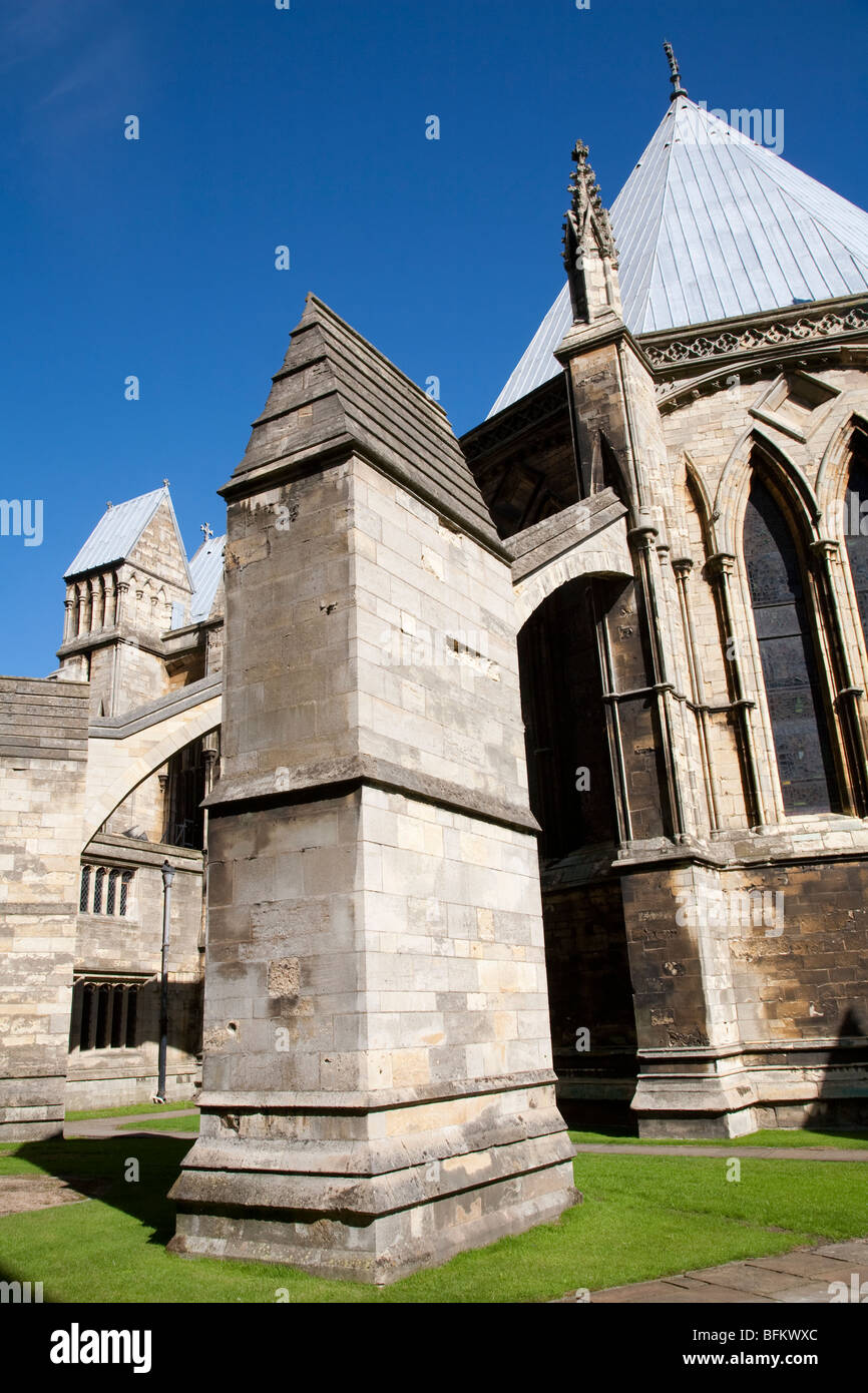 Des arcs-boutants de la cathédrale de Lincoln, Lincoln, Lincolnshire, Angleterre, RU Banque D'Images