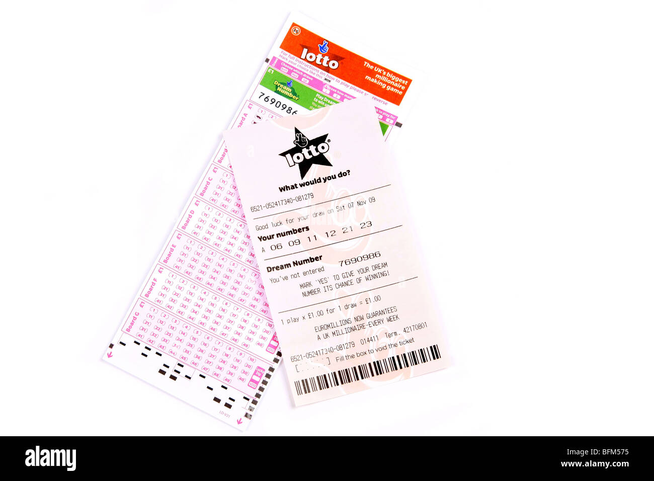 Billet Lotto anglais sur un fond blanc. Banque D'Images