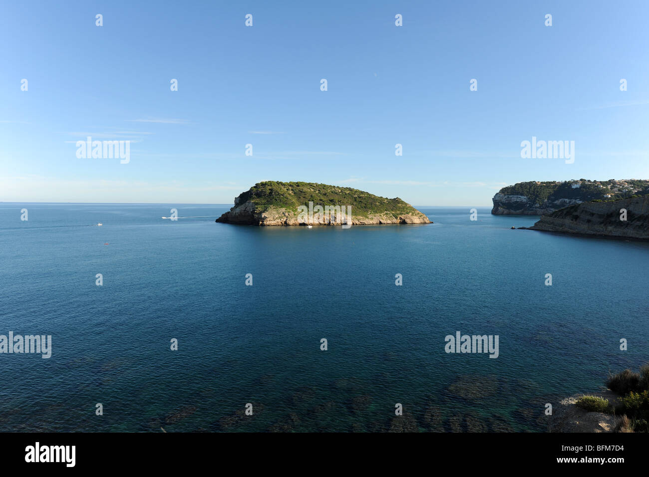 Vue de l'île de Portichol de Cap Prim, Javea / Xabia, Province d'Alicante, Communauté Valencienne, Espagne Banque D'Images