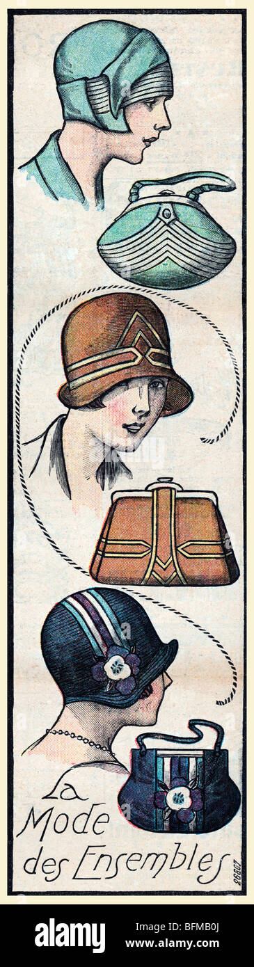 Sacs et chapeaux français, 1925 illustration Art déco d'un magazine de mode de la mode des ensembles Banque D'Images