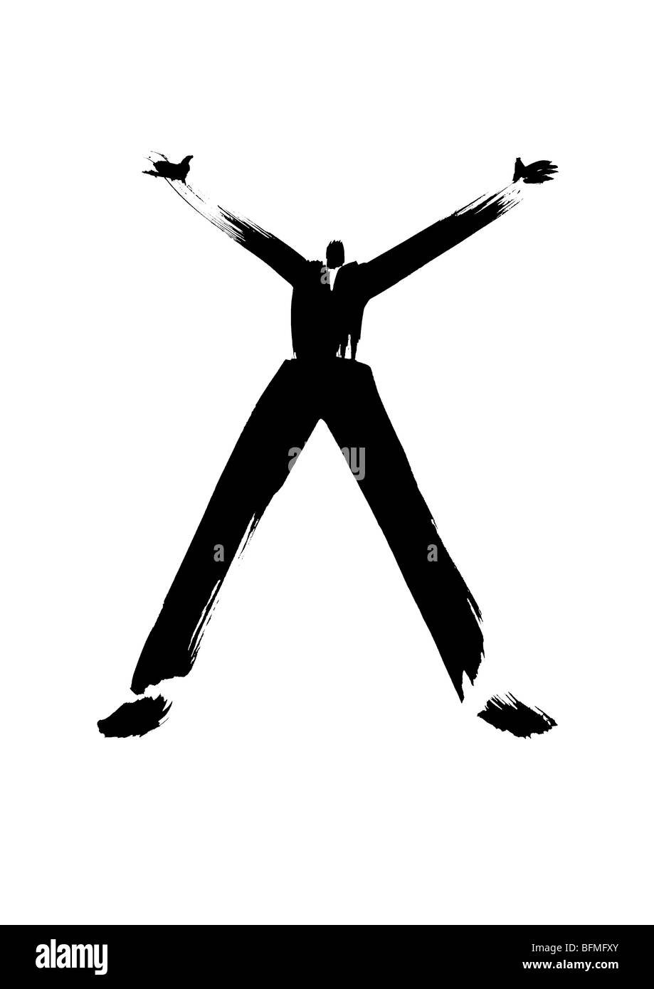 Illustration de businessman standing with arms raised, fond blanc Banque D'Images