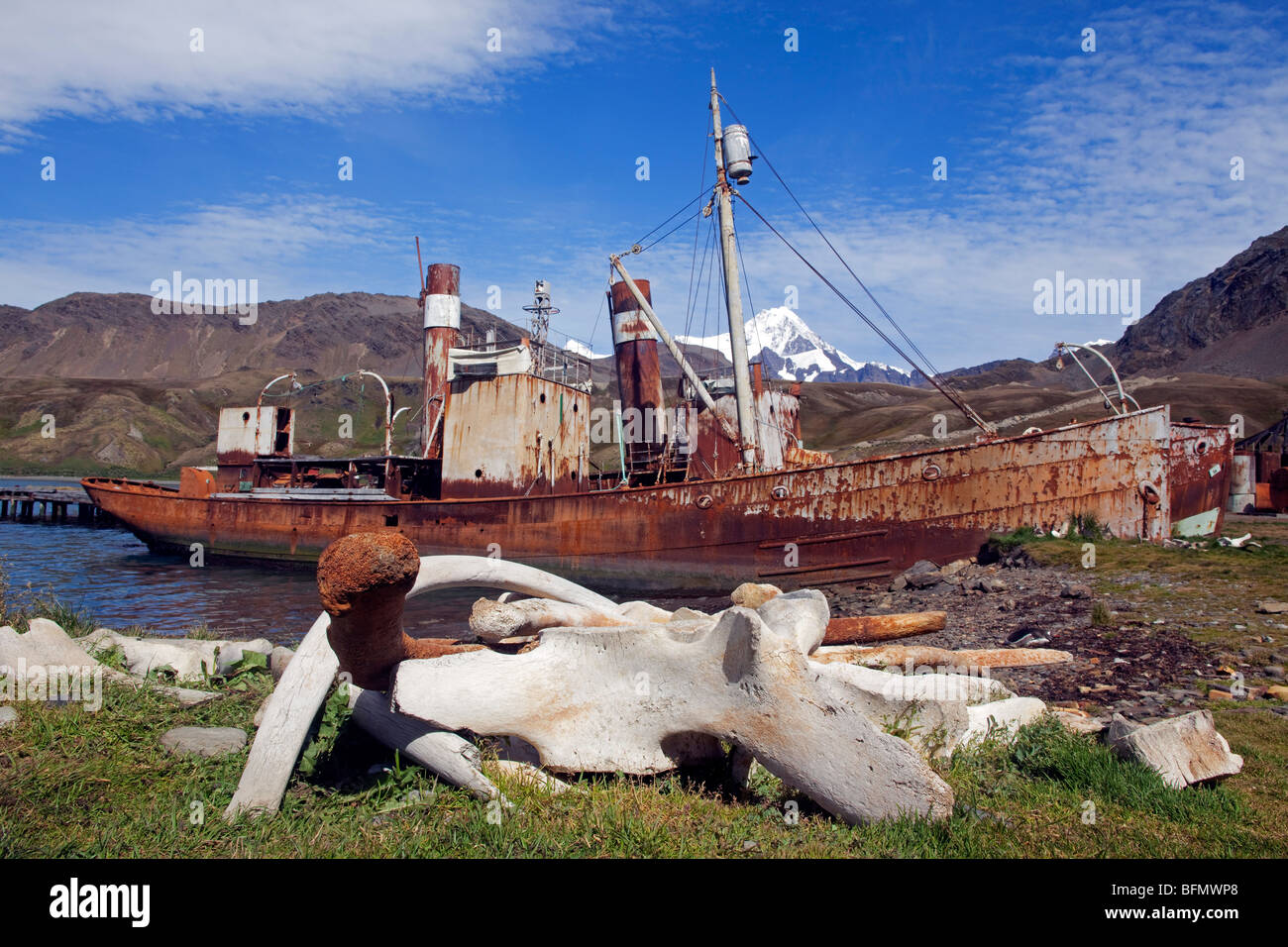La Géorgie du Sud et les îles Sandwich du Sud, Géorgie du Sud, Cumberland Bay, Grytviken. Un désert de règlement baleinières norvégiennes Banque D'Images