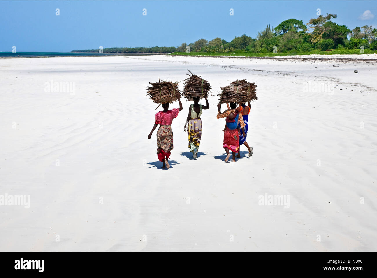 Kenya, Mombasa. Les femmes portent sur leur tête de noix de coco séchées makuti (feuilles de palmier utilisé comme matériau de couverture) sur une plage. Banque D'Images