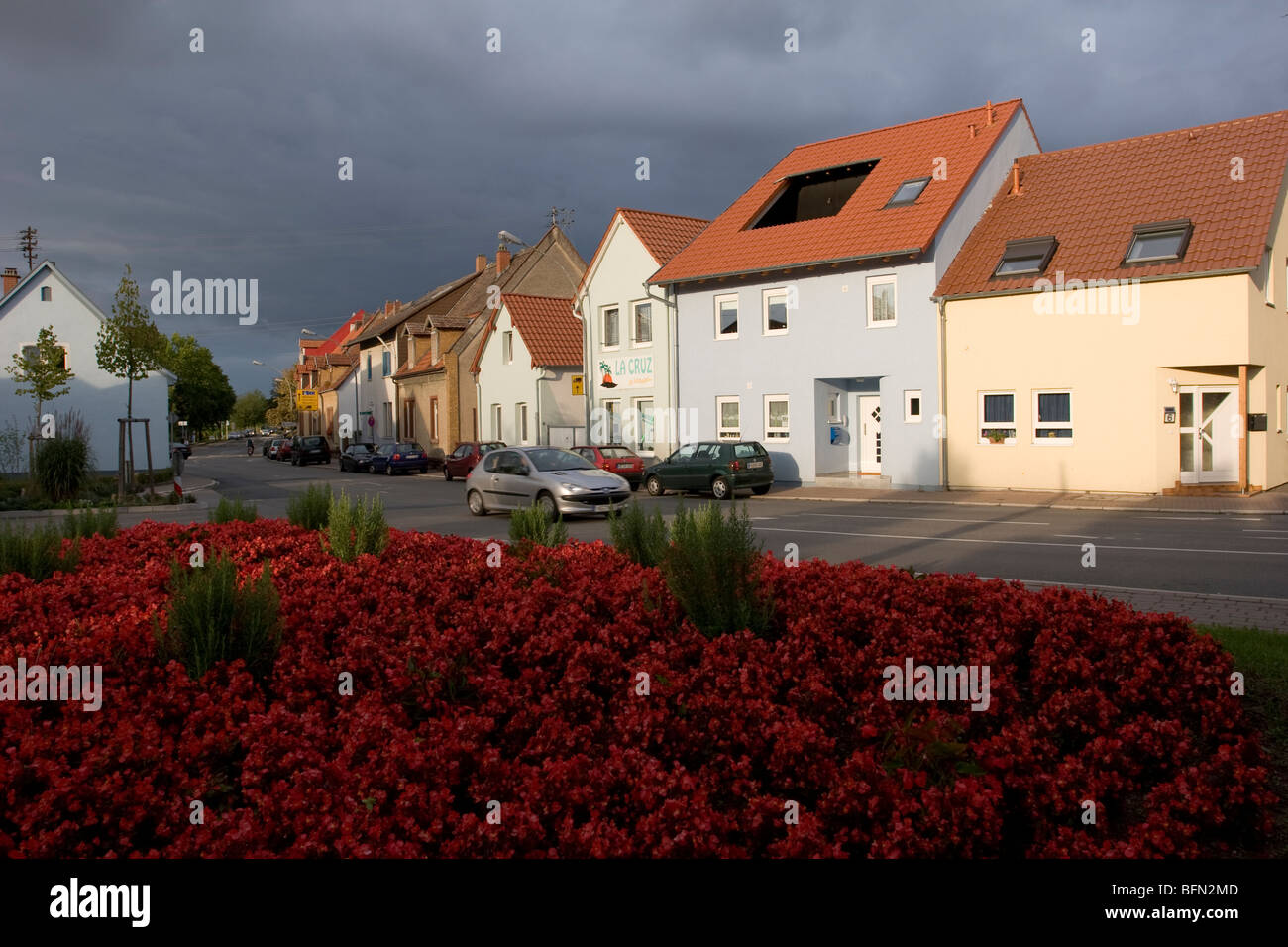 Les lits de fleurs dans une rue résidentielle de Ladenburg, Allemagne Banque D'Images