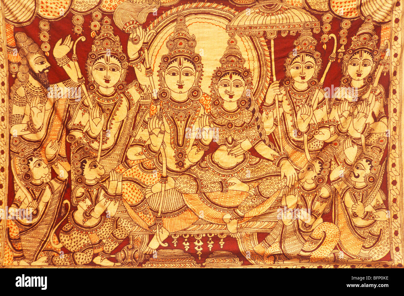 Kalamkari textile peint à la main montrant Ramayana ; Rama Seeta Laxman Hanuman ; Inde ; asie Banque D'Images