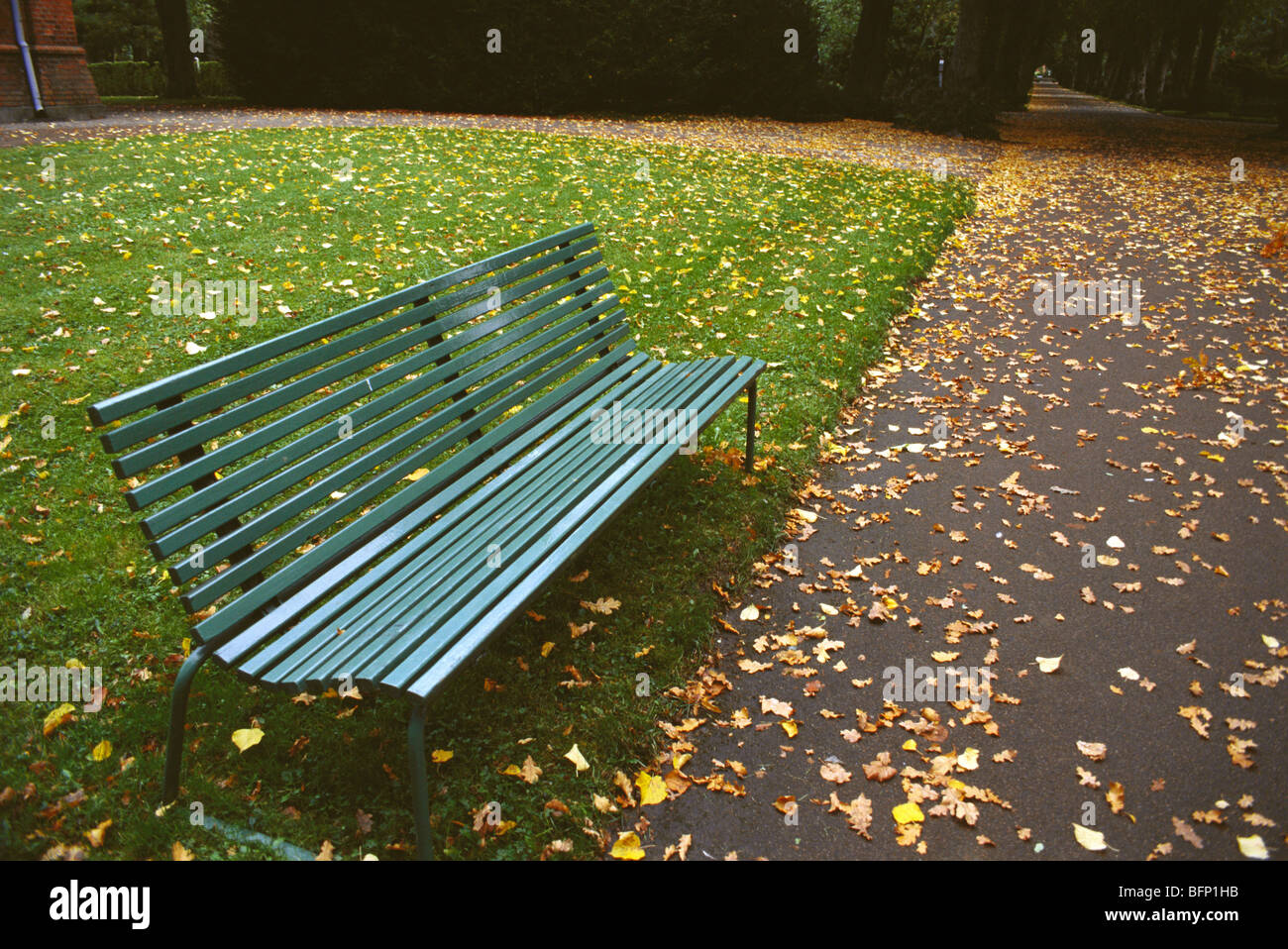 Banc vert vide dans le jardin ; Malmö ; Suède ; Scandinavie ; Europe Banque D'Images