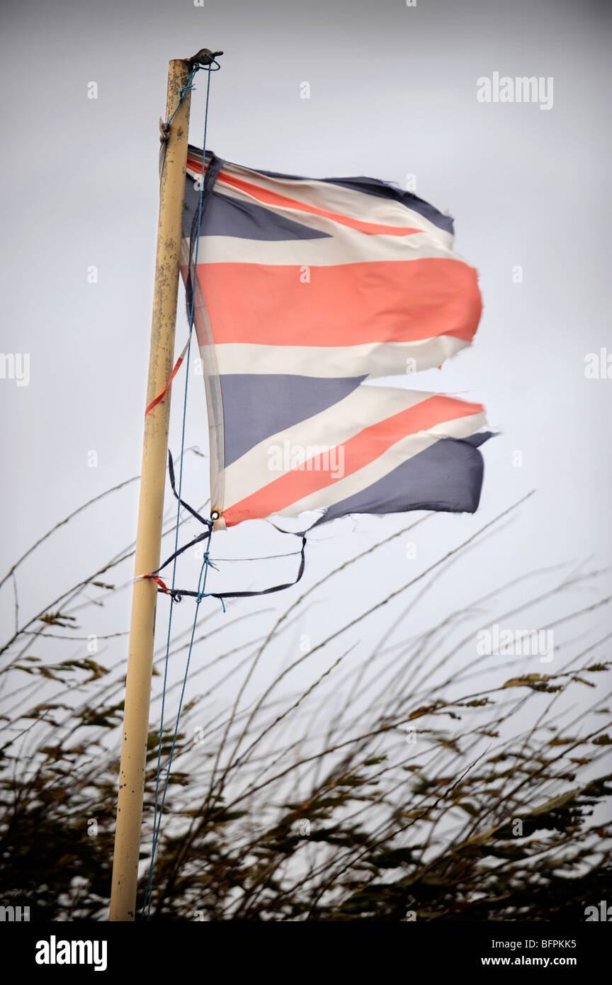 Un drapeau britannique déchirés en un coup de vent UK Banque D'Images