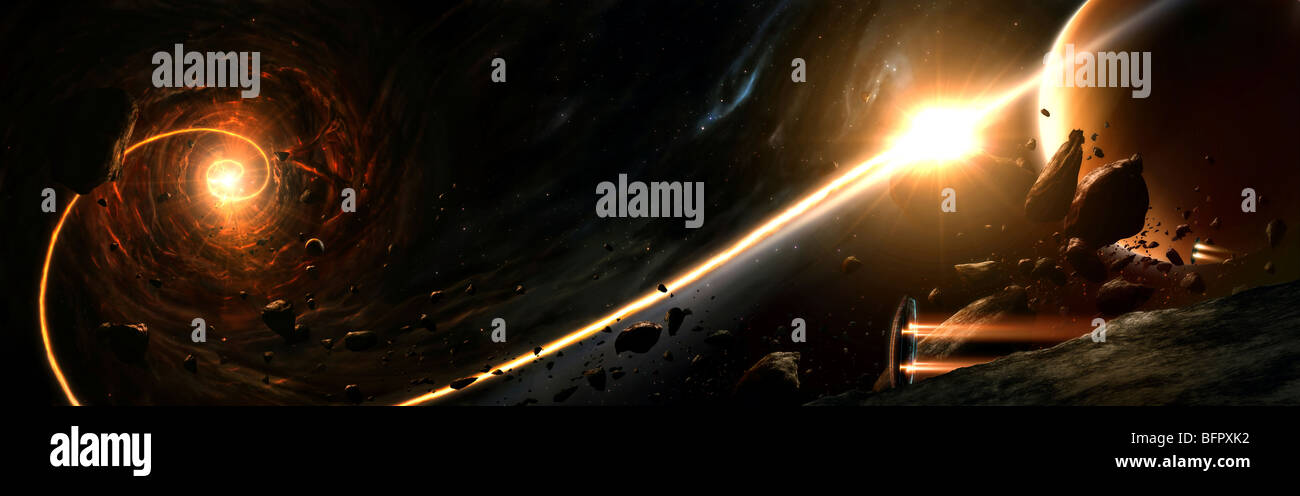 Vision d'un trou noir détruisant un soleil. Banque D'Images