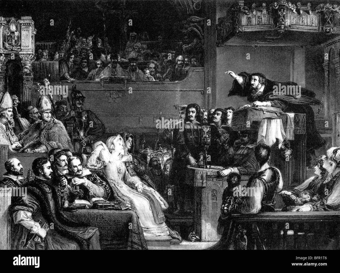 JOHN KNOX prêche à des chefs protestants connu comme les Lords de la Congrégation en 1559 - Gravure de la peinture de Wilkie Banque D'Images