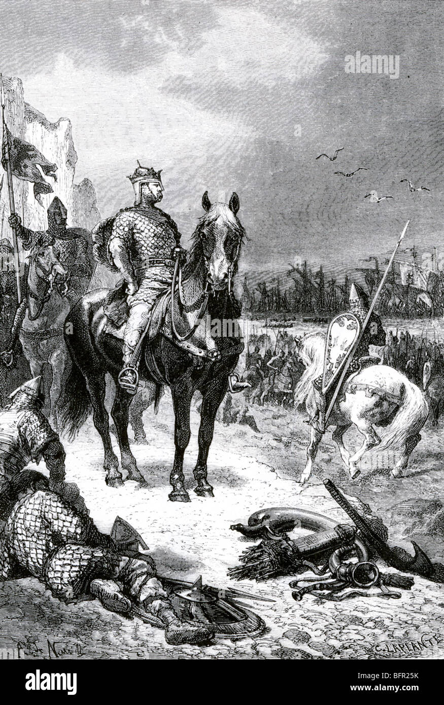Guillaume le Conquérant sondages ses troupes après leur débarquement sur la côte anglaise en 1066 dans cette gravure de l'époque victorienne Banque D'Images