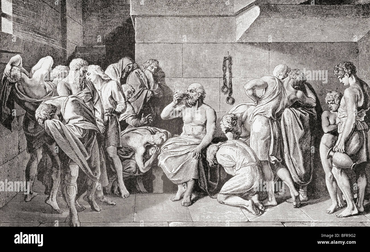 La mort de Socrate en buvant du poison. Banque D'Images