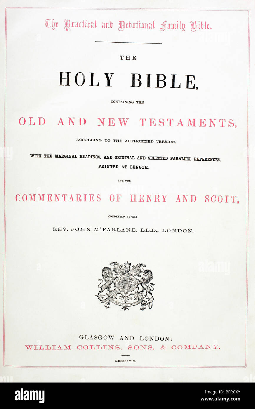 Page de titre de la Sainte Bible publié par William Collins, fils, & Company en 1869. Banque D'Images