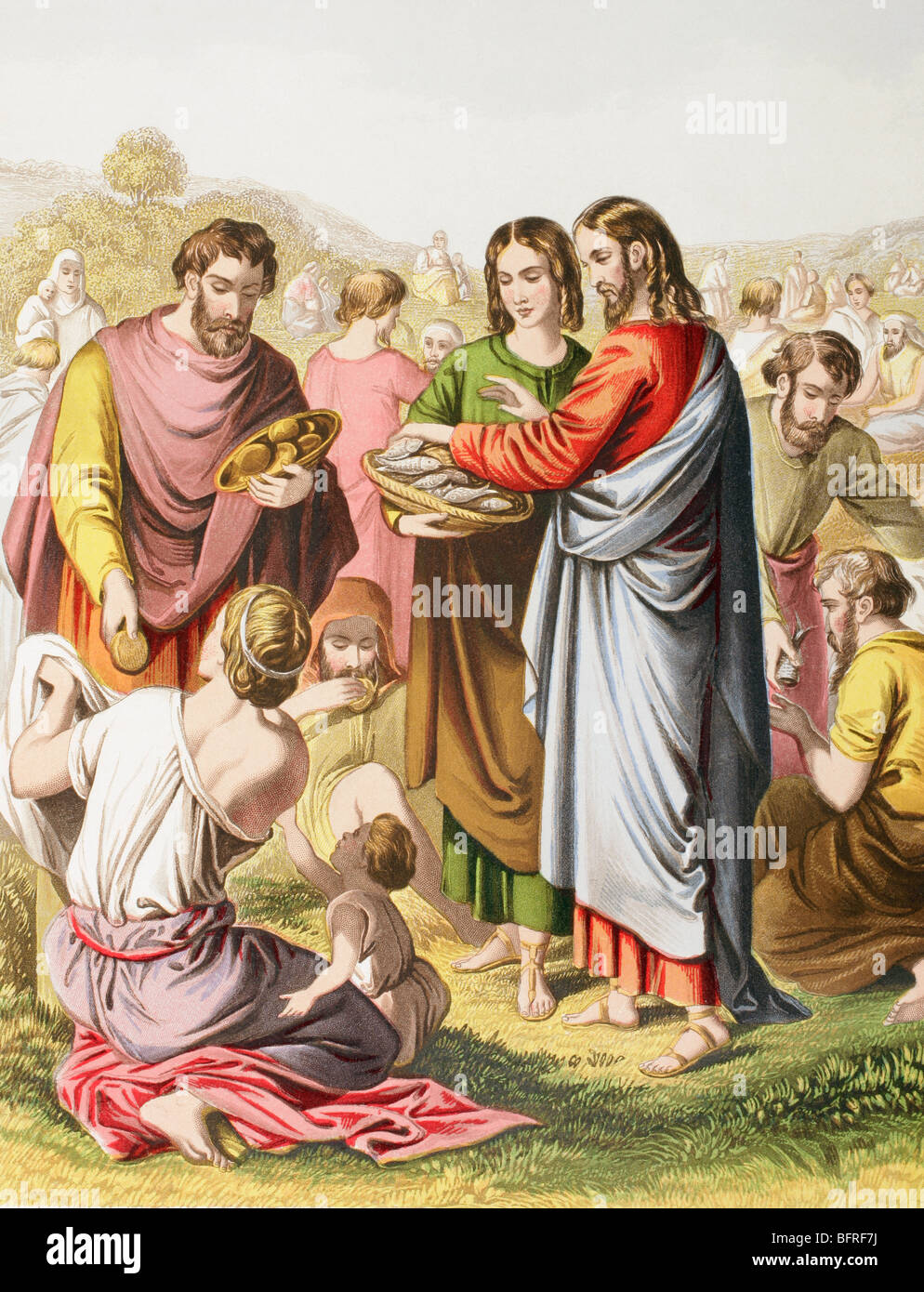 Nourrir la multitude de Jésus. Le miracle des pains et des poissons. Banque D'Images