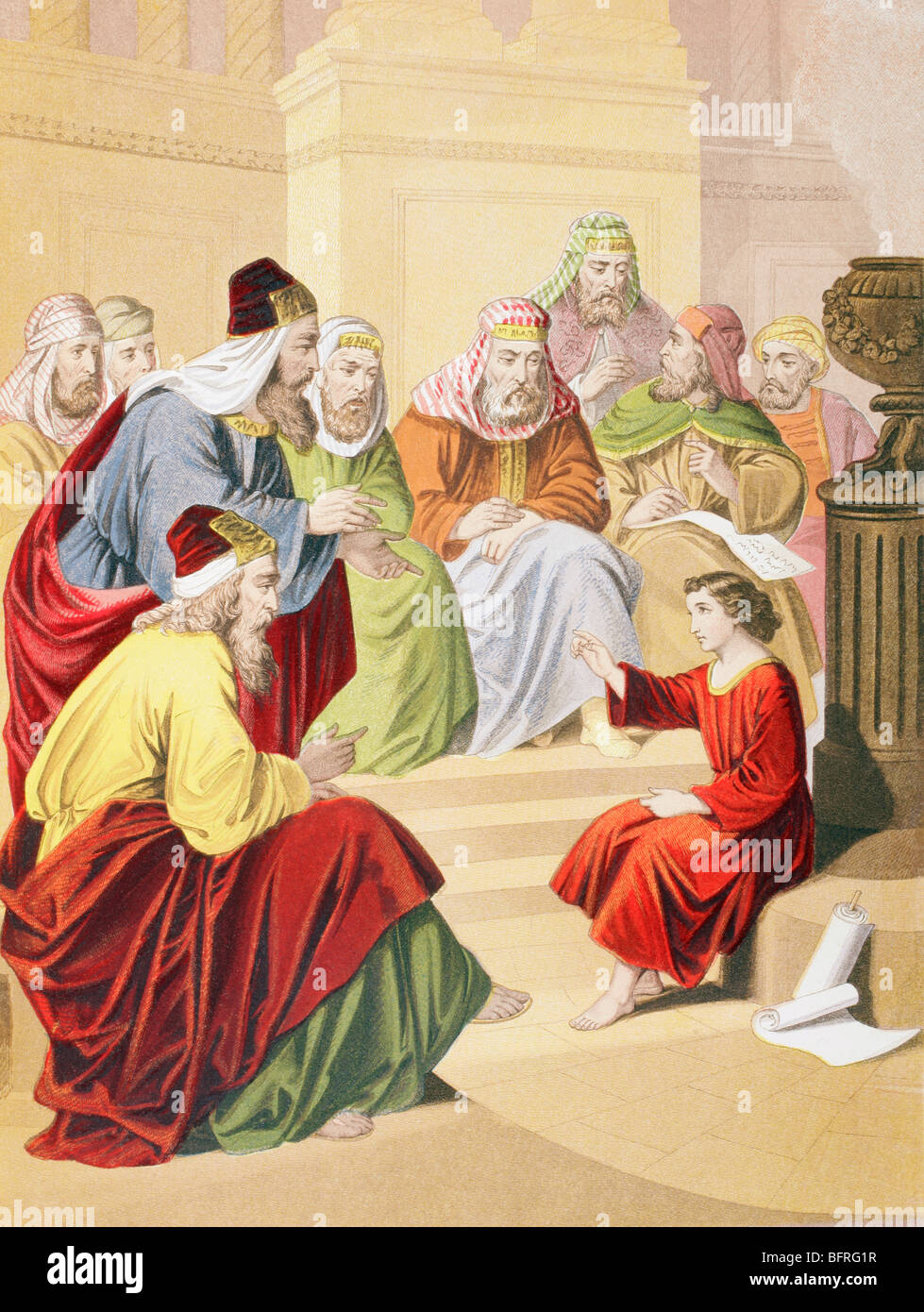 Le garçon Jésus débattre avec des prêtres et des enseignants dans le temple Banque D'Images
