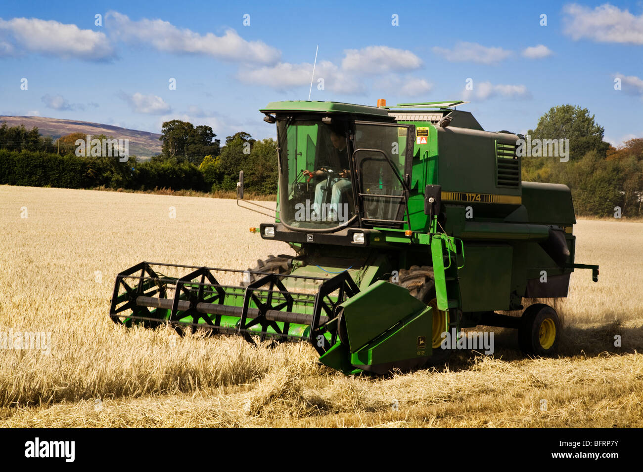 Moissonneuse-batteuse John Deere Harvester couper un champ de blé mûr, Inchinnan, en Écosse. Banque D'Images