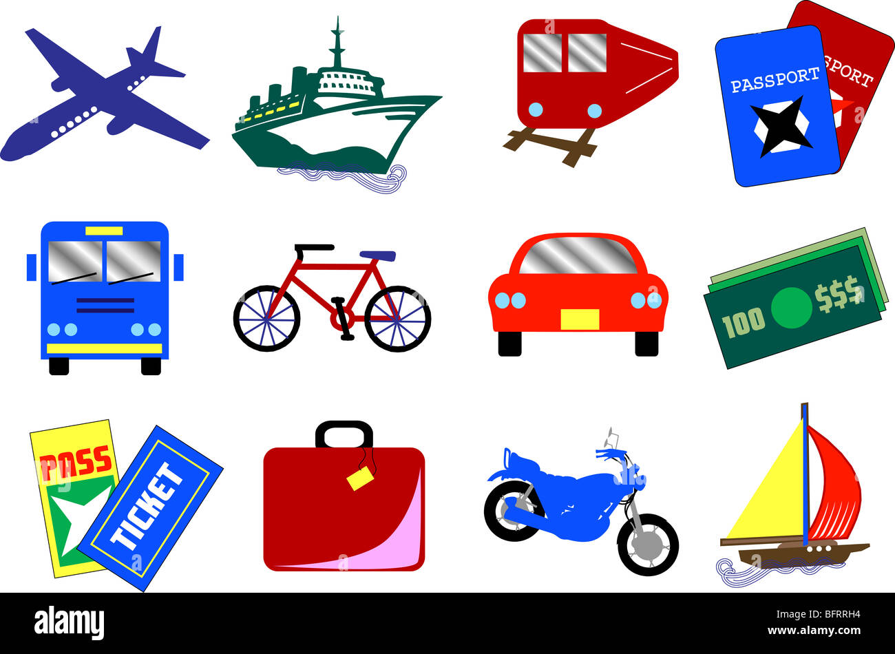 Douze icônes voyage vecteur, également disponibles sous forme de boutons. Banque D'Images