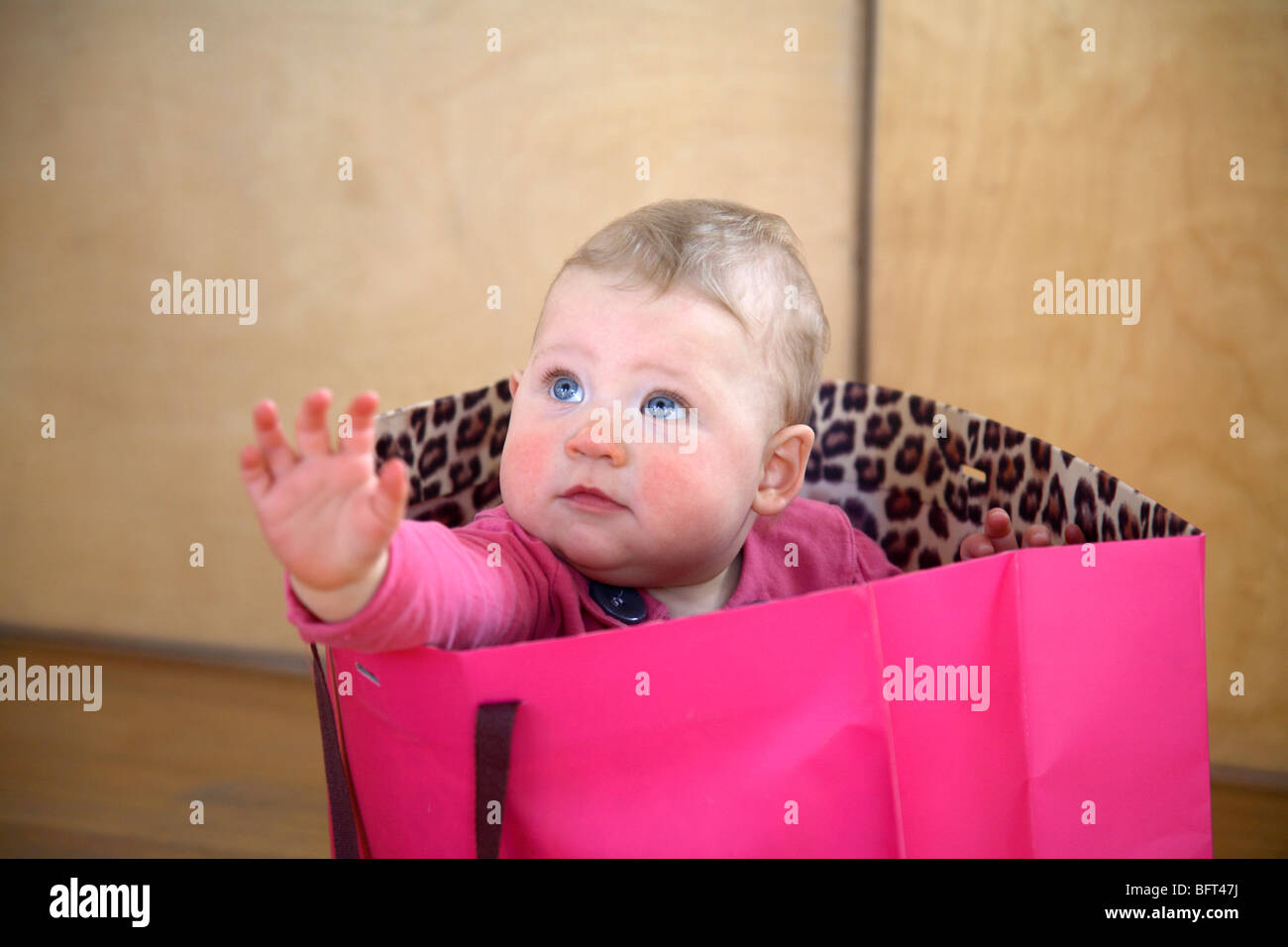 Baby Girl Sitting dans un sac Rose Banque D'Images