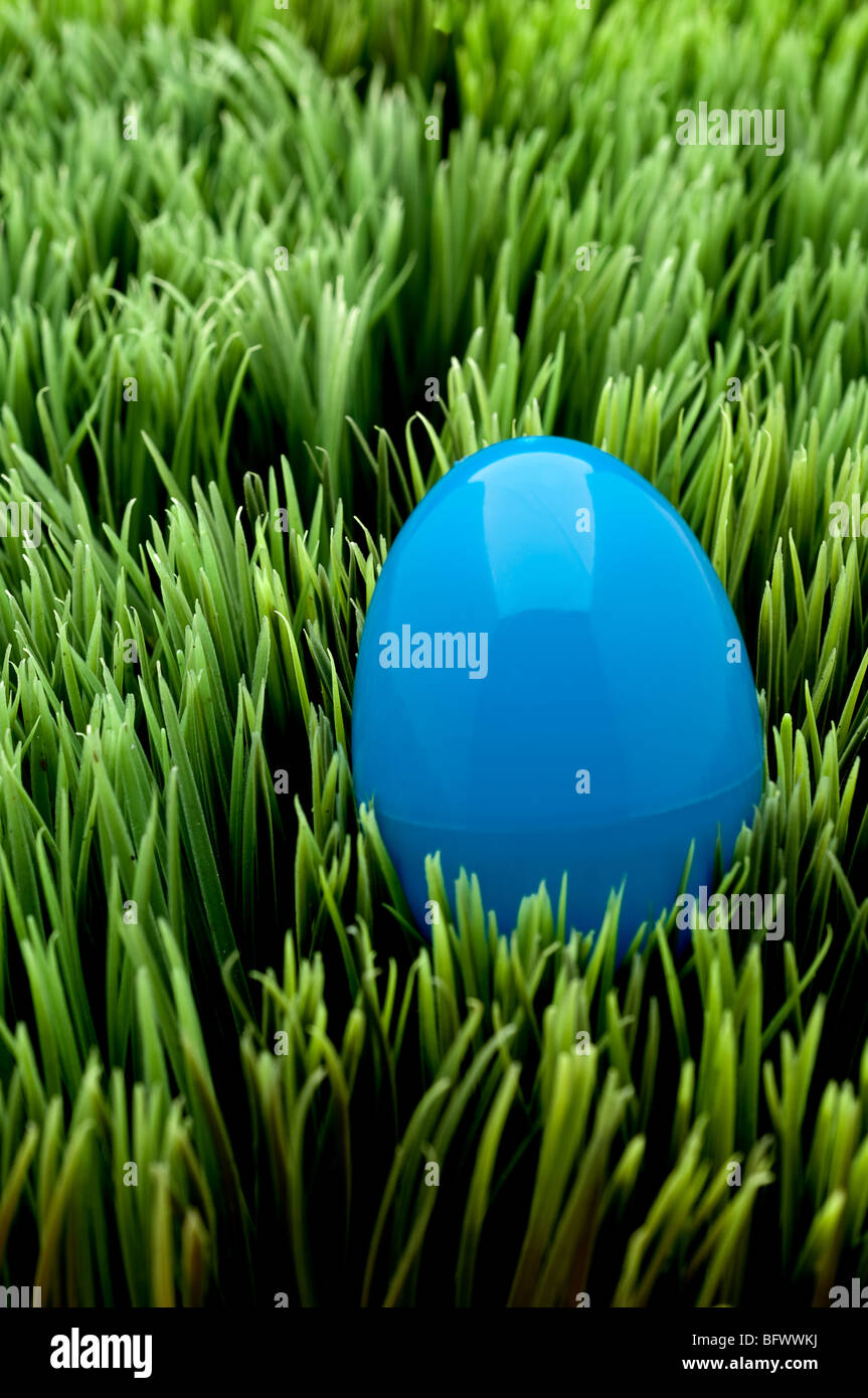 Vertical image d'un oeuf de Pâques bleu on Green grass Banque D'Images