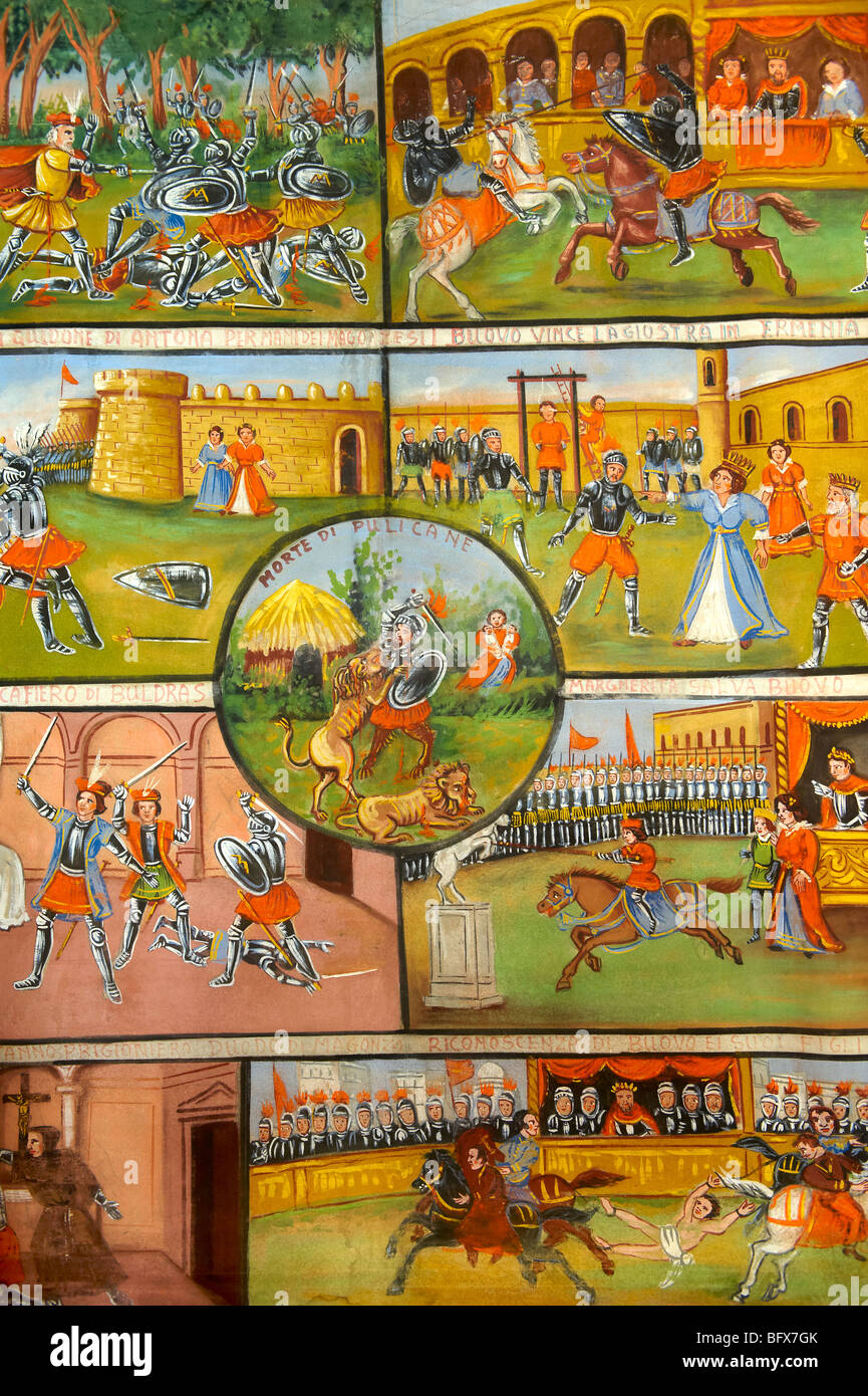Folk art peintures illustrant les récits historiques de la Sicile, Palerme, Sicile Marionnette museum Banque D'Images