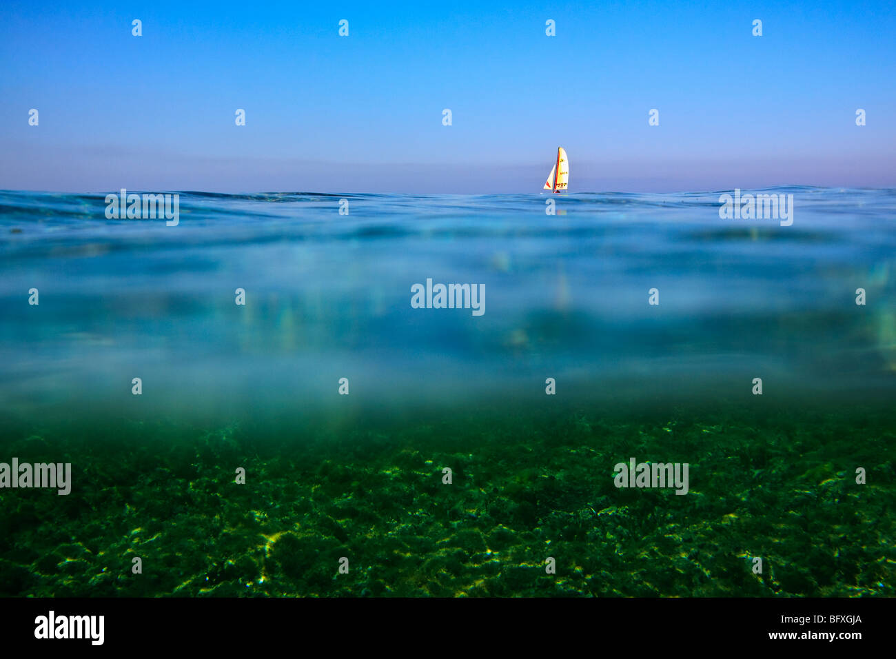 Vue d'un catamaran à voile loin sur l'horizon, à demi submergée dans l'eau Banque D'Images