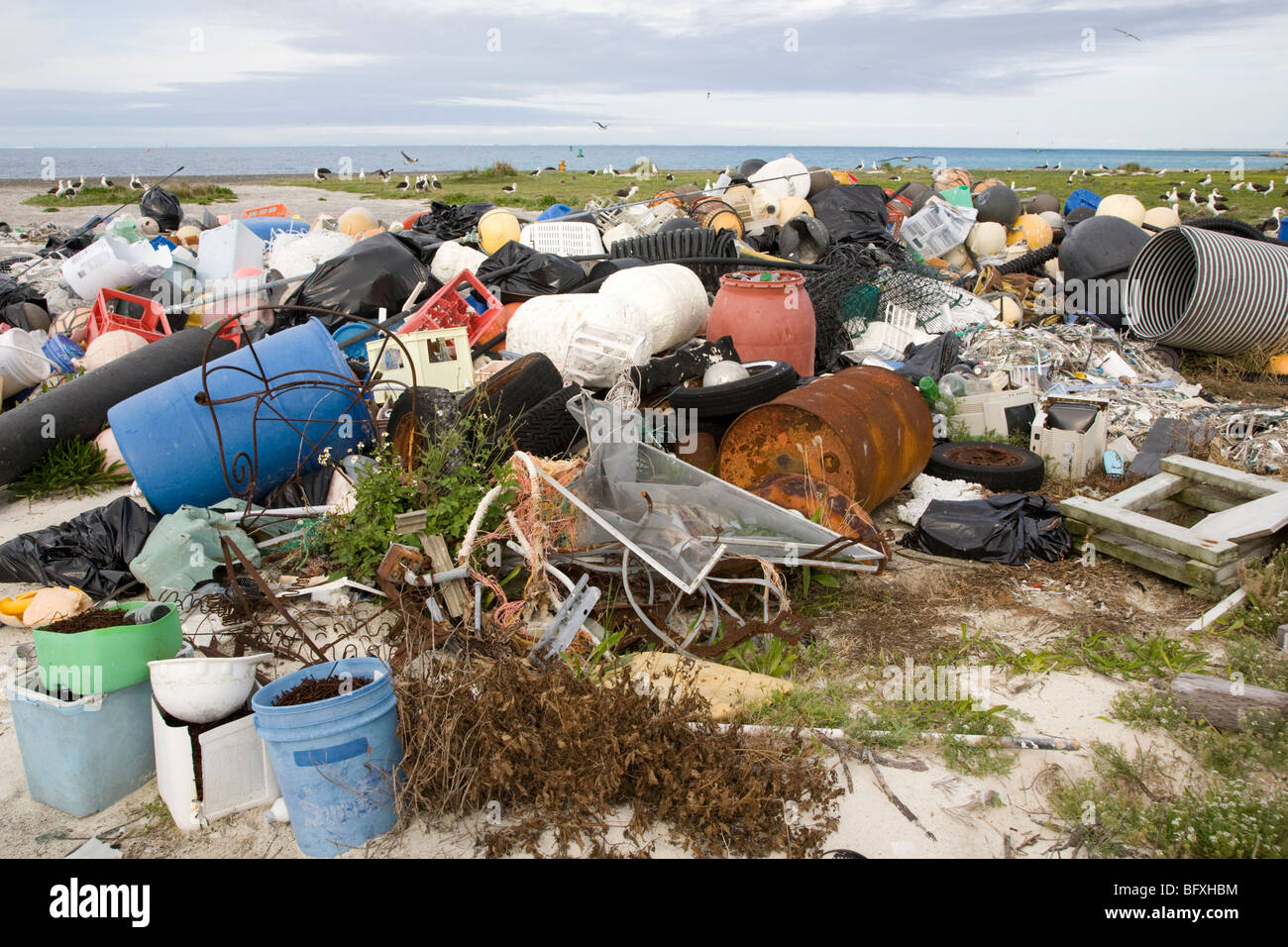 Les débris marins portés à l'atoll de Midway par les courants marins, recueillies pour être expédiés hors des îles pour le recyclage ou l'élimination Banque D'Images
