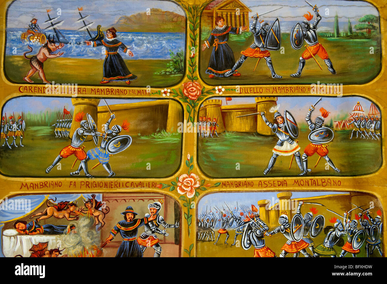 Folk art peintures illustrant les récits historiques de la Sicile, Palerme, Sicile Marionnette museum Banque D'Images