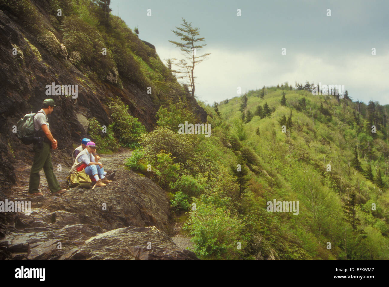 Park Ranger et randonneurs sur Charlie's oignon, Great Smoky Mountains National Park, NC / TN Région Banque D'Images