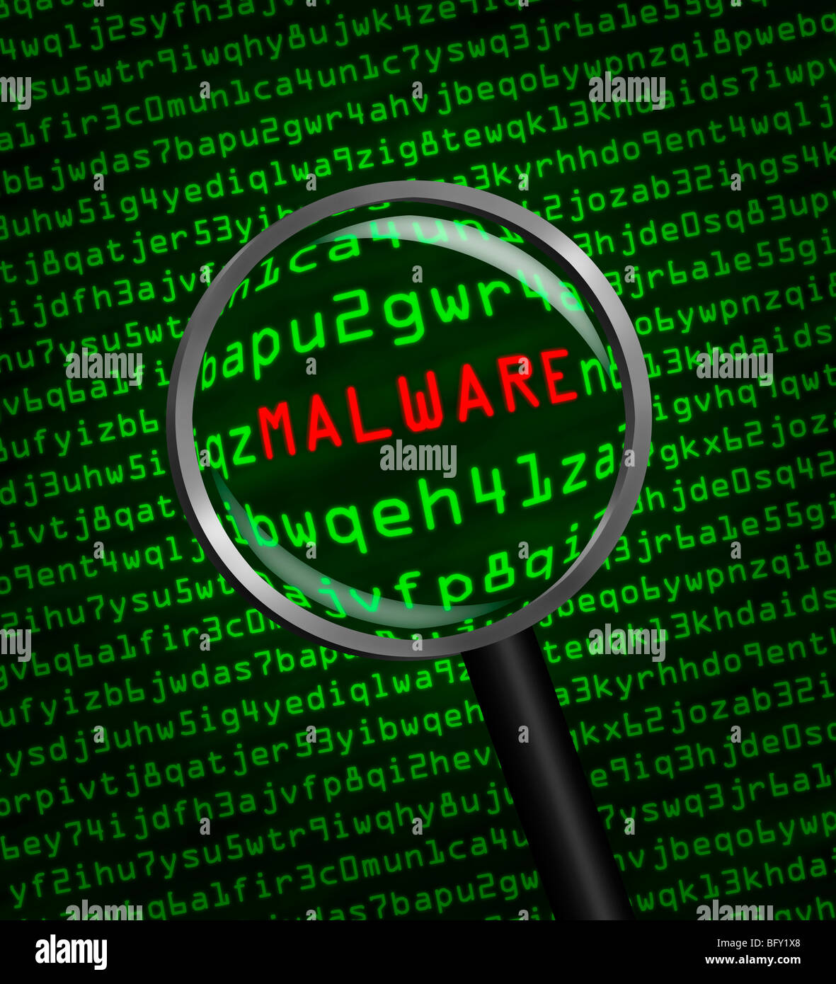 Loupe agrandissant malware en code machine informatique Banque D'Images