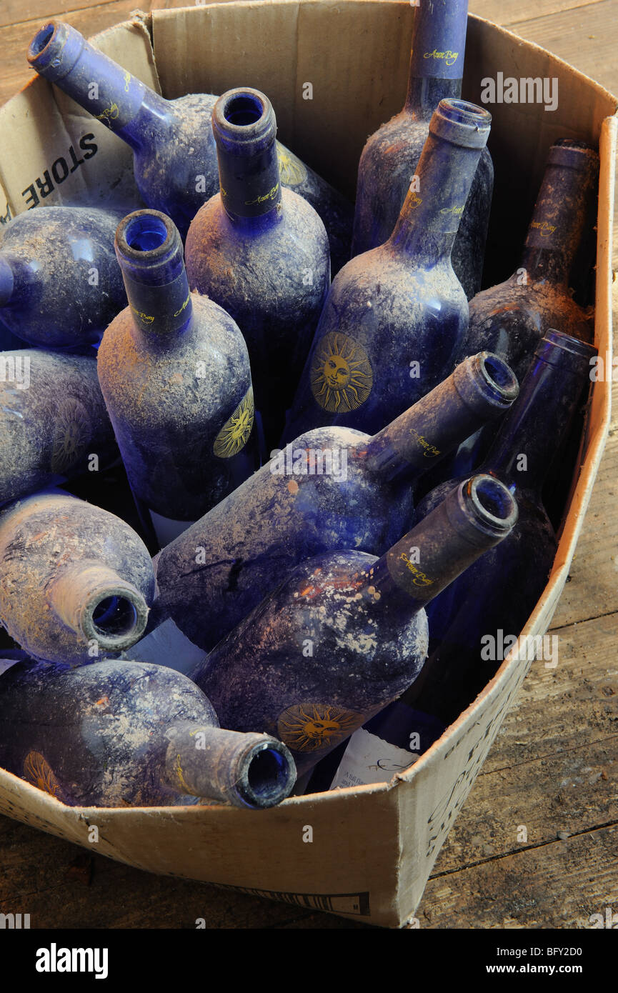 Bleu vide poussiéreux, des bouteilles de vin dans une vieille boîte en  carton Photo Stock - Alamy