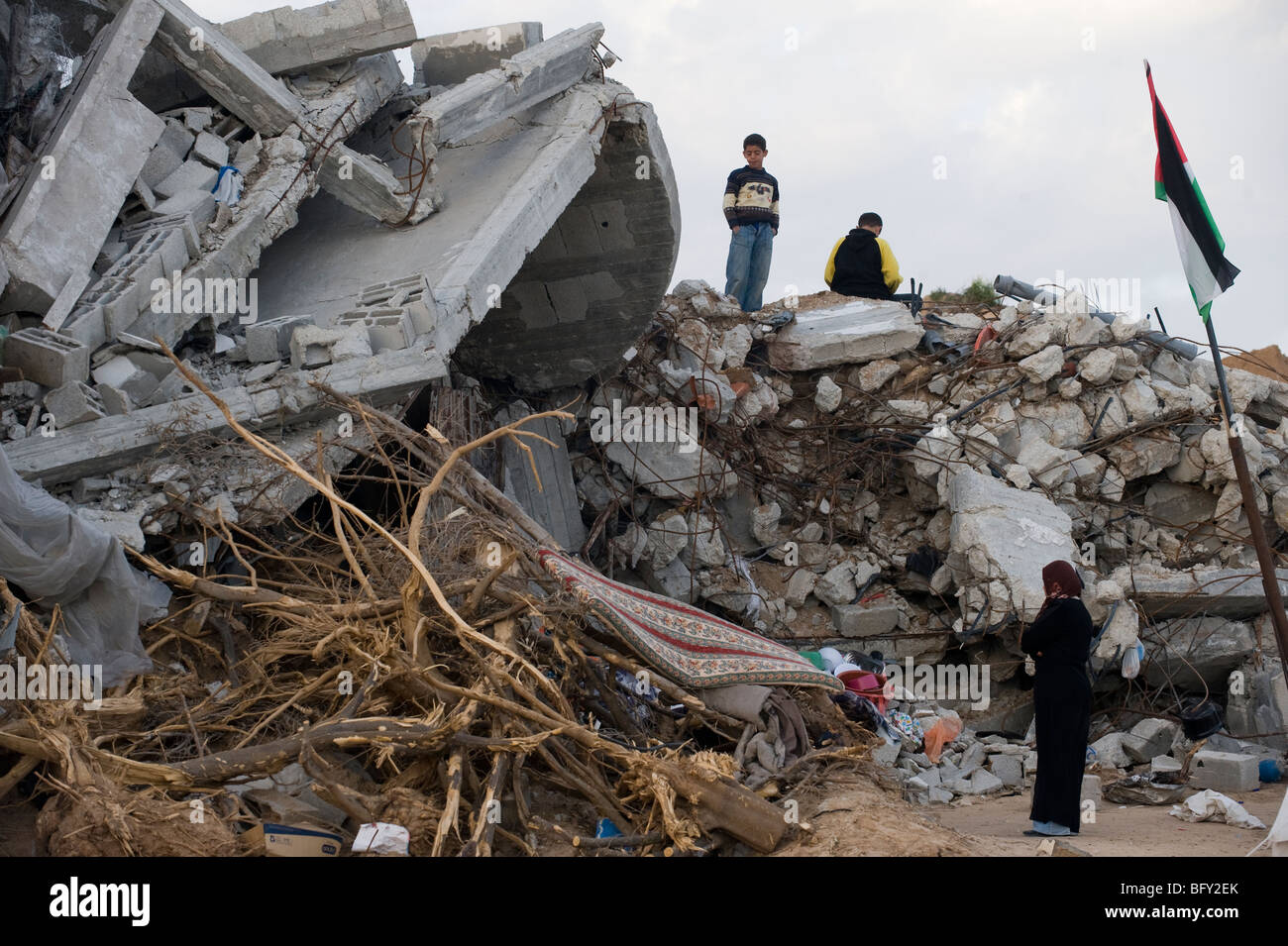 Maison bombardée dans le nord de la bande de Gaza après la guerre d'Israël 2009. Banque D'Images