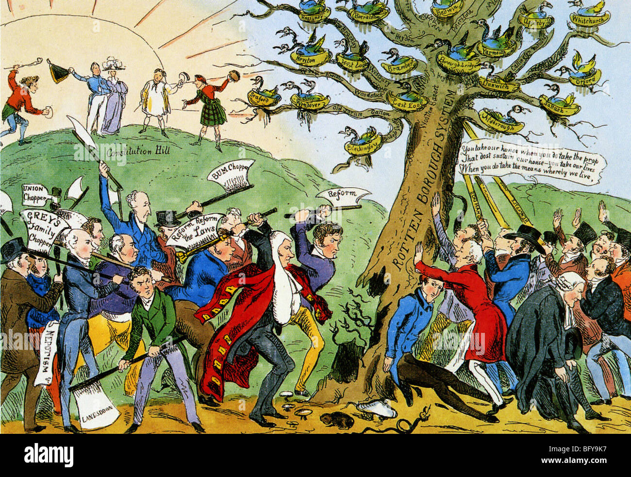 La LOI SUR LA RÉFORME DE 1832 caricature contemporaine intitulée "L'attaque des réformateurs sur l'ancien arbre pourri' pour se débarrasser de bourgs pourris Banque D'Images