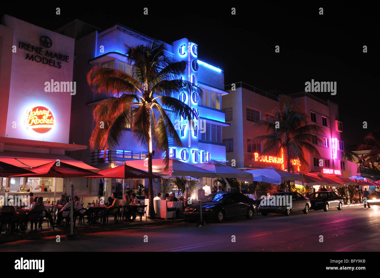 Miami South Beach Art Deco District la nuit, en Floride Banque D'Images