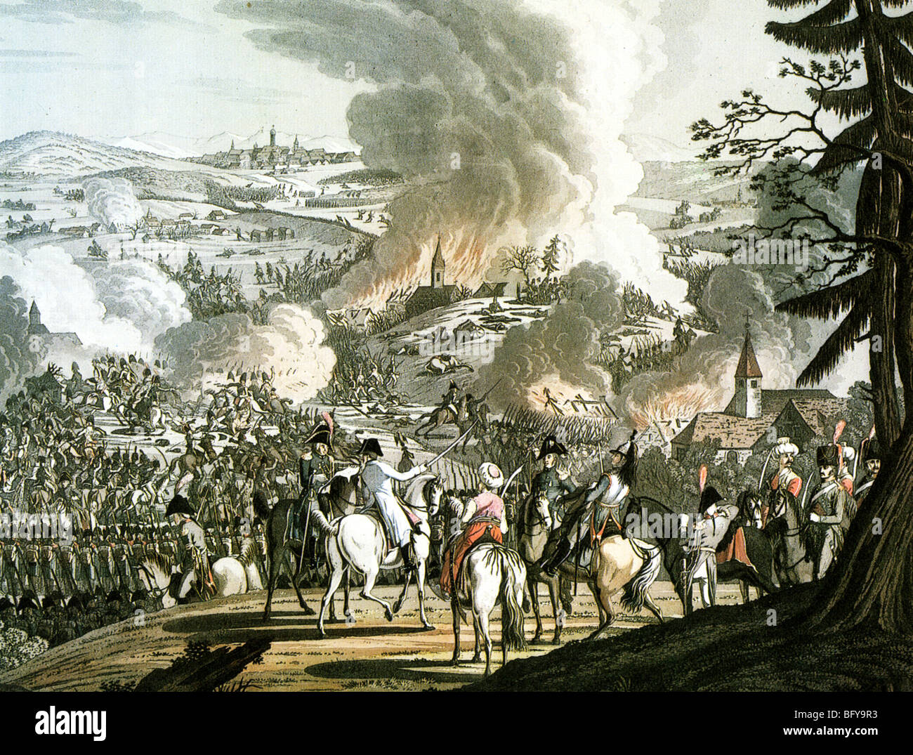 Bataille d'Austerlitz le 2 décembre 1805. Napoléon centre inférieur sur le cheval blanc avec turbanded bodygards Banque D'Images