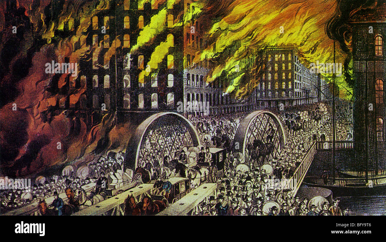 Grand incendie de Chicago de 1871 face au nord-est de l'autre côté de la Randolph Street Bridge Banque D'Images