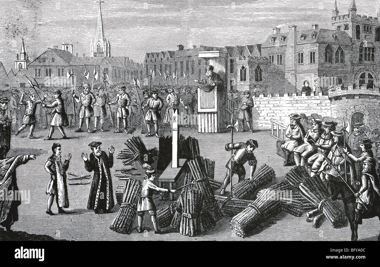 FOXE'S BOOK OF MARTYRS - préliminaires à l'exécution d'Évêques Ridley et Latimer à Oxford en 1550 dont un sermon Banque D'Images